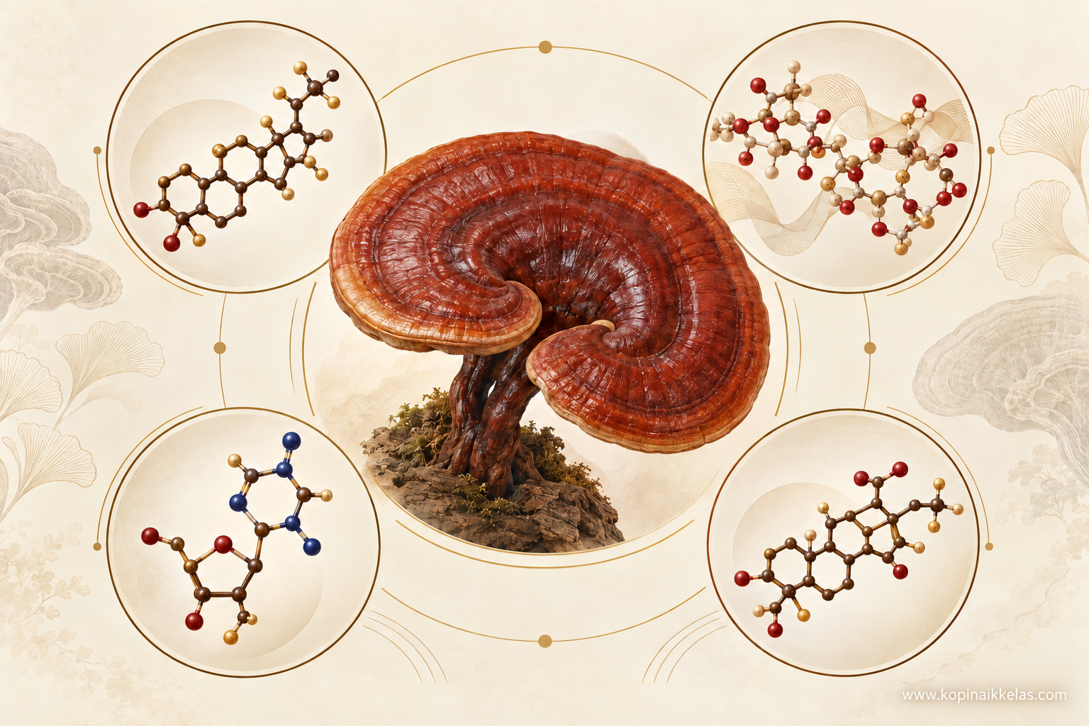 Ilustrasi ilmiah Ganoderma lucidum dan kelompok komponen alaminya
